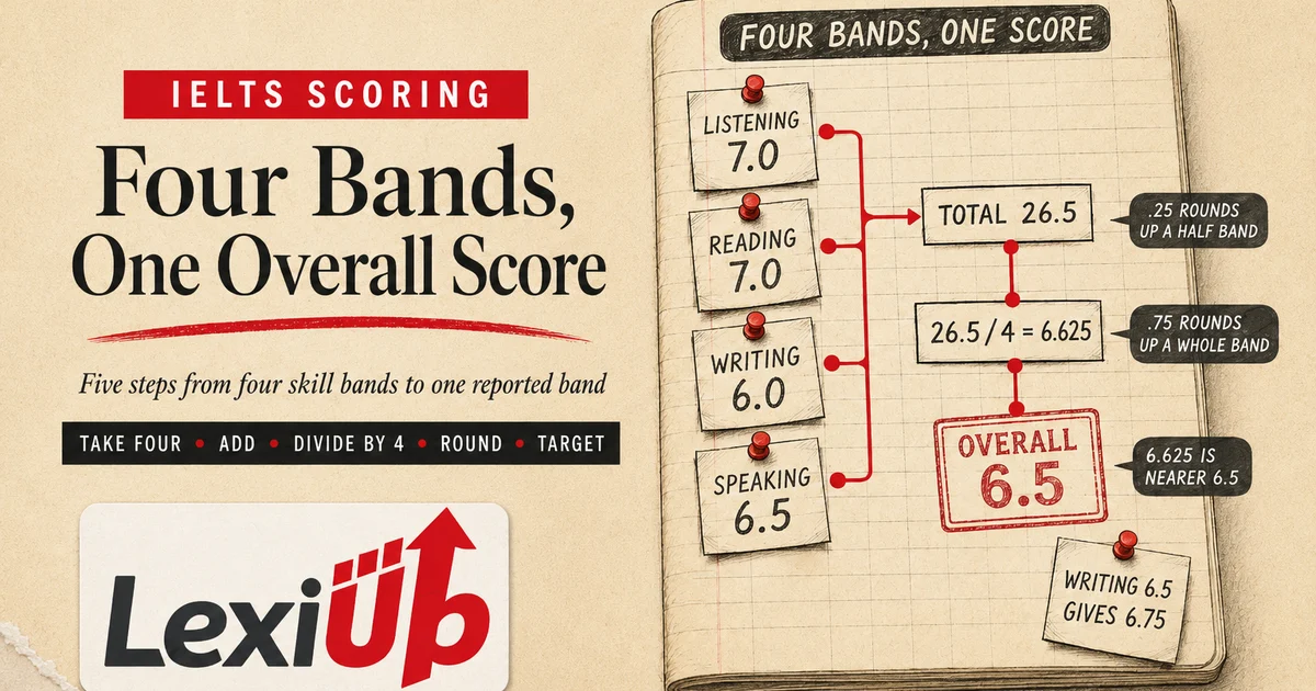 IELTS band score calculation worksheet showing four skill bands totalled at 26.5, divided by four to 6.625, and rounded down to an overall band 6.5