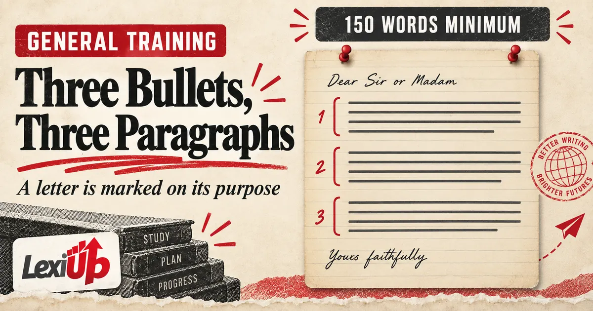 IELTS General Training letter structure shown with the three bullet points mapped to paragraphs and the tone marked as formal, semi-formal or informal