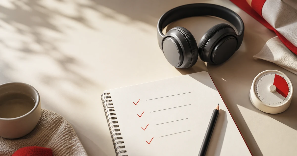 IELTS Listening answer accuracy checklist beside headphones, a timer, and a pencil on a warm cream study desk