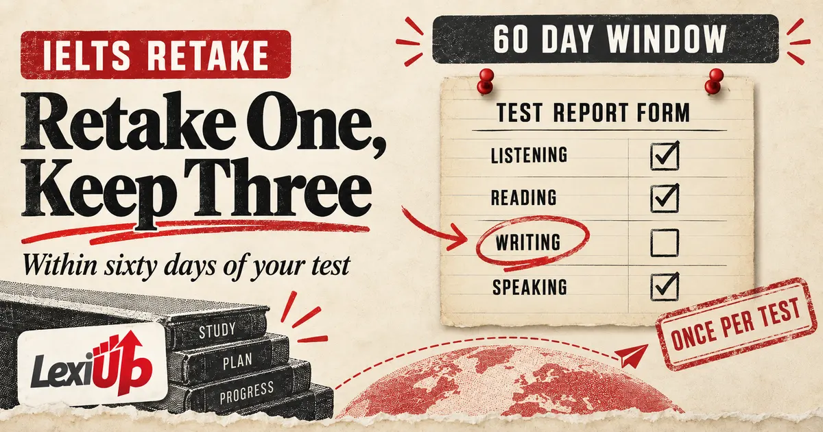 IELTS One Skill Retake explained, showing one of four skill bands being replaced on a new Test Report Form within the 60-day window