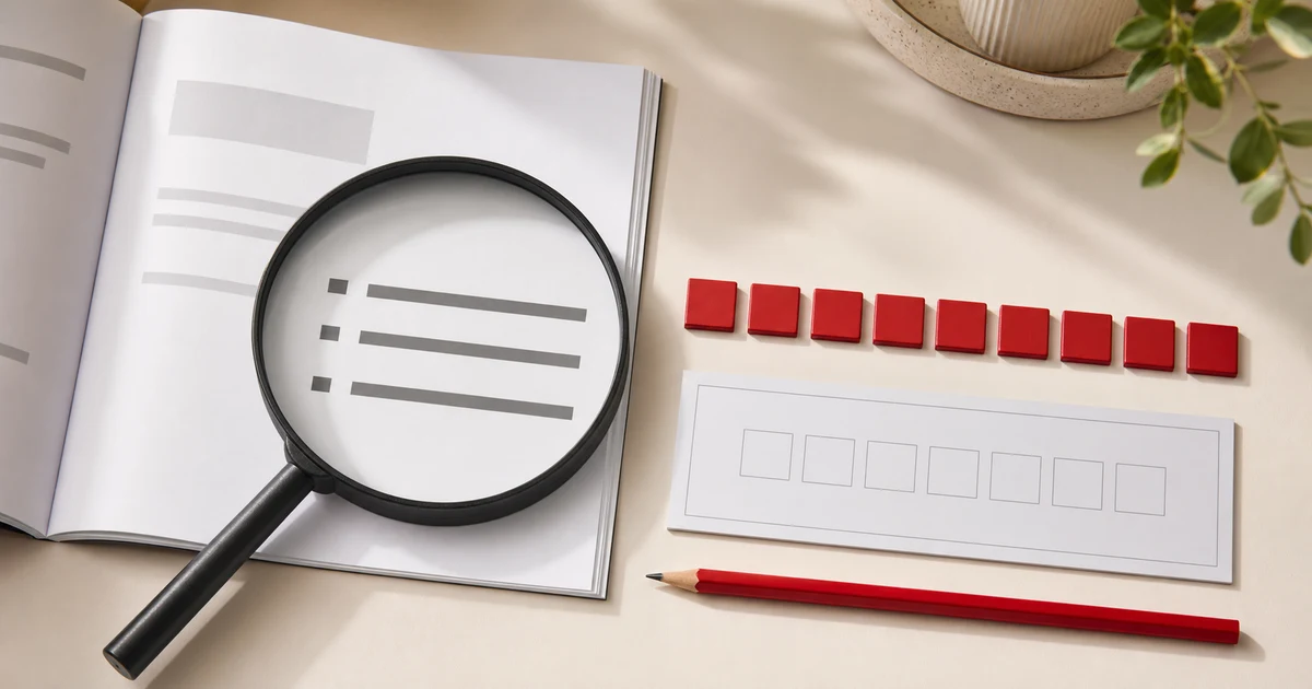 IELTS Reading instruction word limits represented by an open booklet, magnifying glass, blank word tiles, answer boxes, and a red pencil on a cream desk