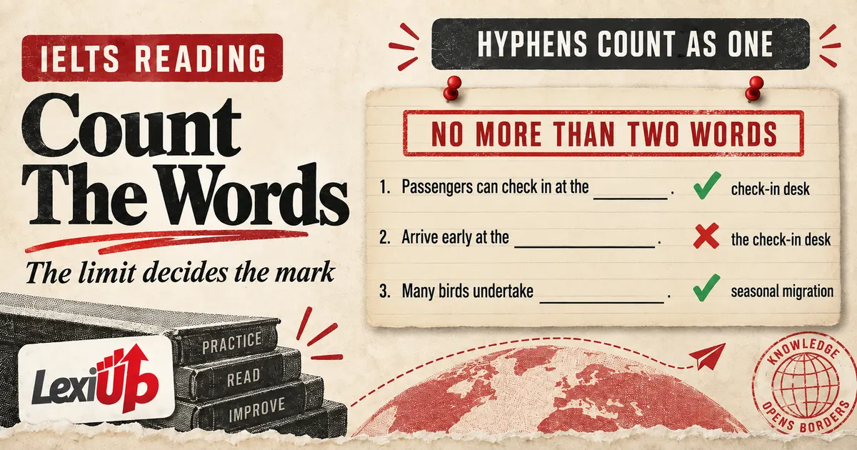 IELTS Reading sentence completion example showing a gapped sentence with the word limit instruction highlighted above it