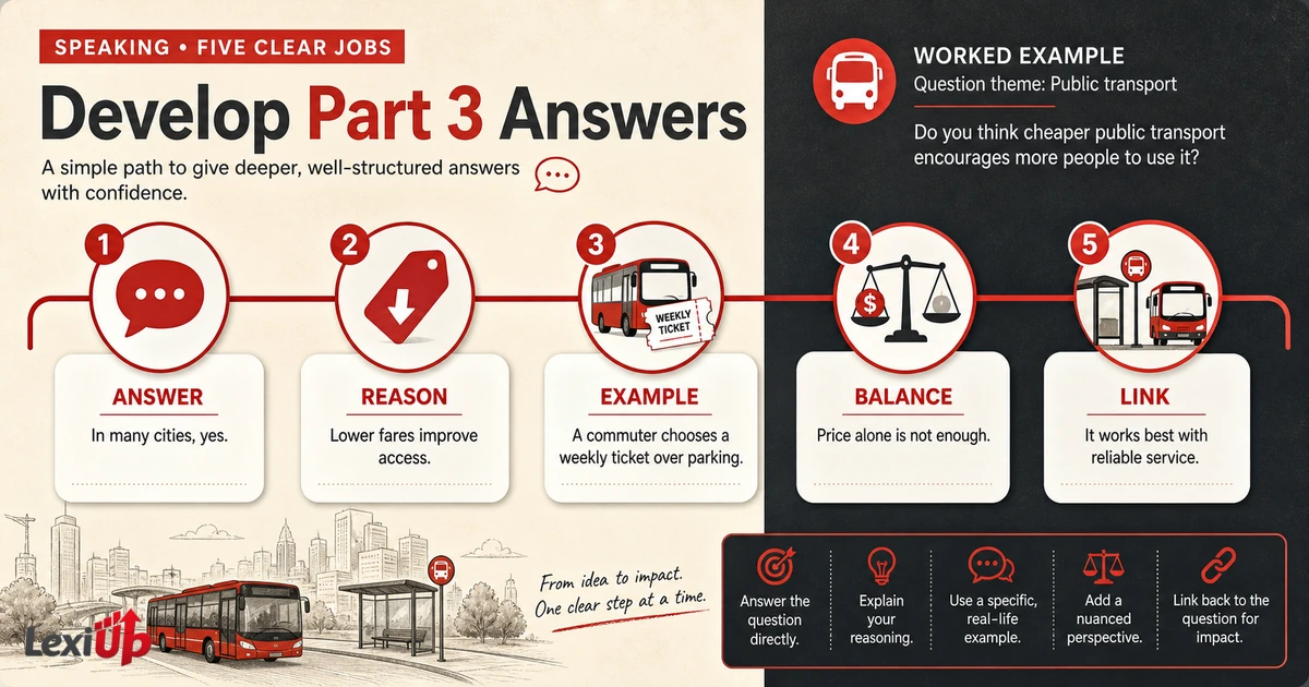 IELTS Speaking Part 3 answers teaching board showing a five-step response map and an original worked answer about public transport
