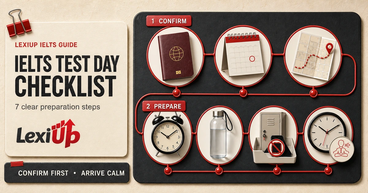 IELTS test day checklist teaching board with seven preparation steps: ID, confirmed date, route, alarm, water, stored phone, and calm timing