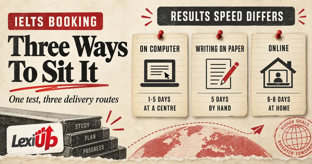 IELTS test delivery routes compared side by side, showing the computer test, Writing on Paper and IELTS Online with their results timings
