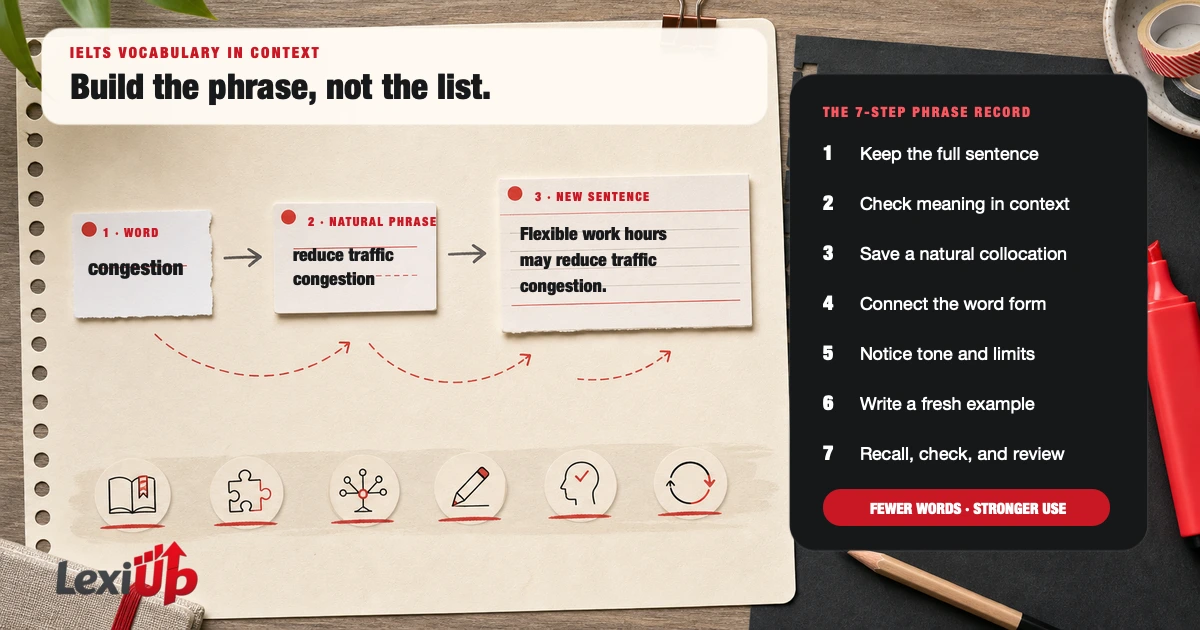 IELTS vocabulary in context phrase record showing congestion, reduce traffic congestion, a fresh sentence, and the seven study steps