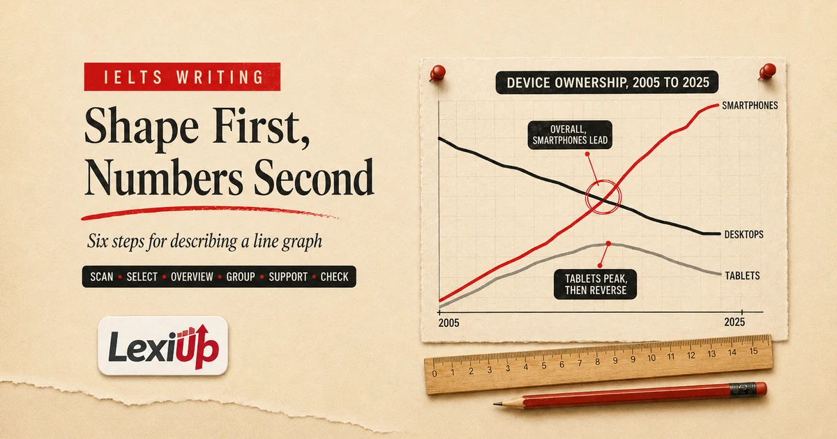 IELTS Writing Task 1 line graph teaching board showing an original device ownership graph, its three trend shapes, and one overview sentence