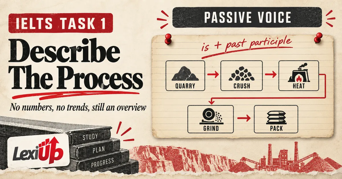 IELTS Writing Task 1 process diagram broken into numbered stages with passive-voice sequencing language labelled beside each step