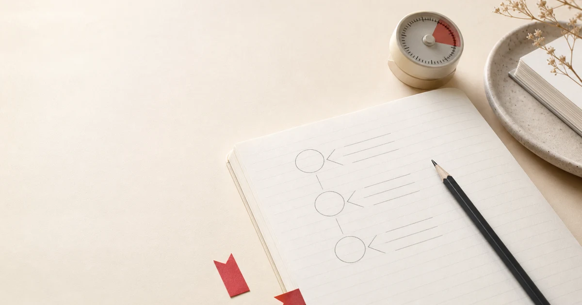 IELTS Writing Task 2 planning outline with a notebook, pencil, timer, and red study markers on a warm cream desk