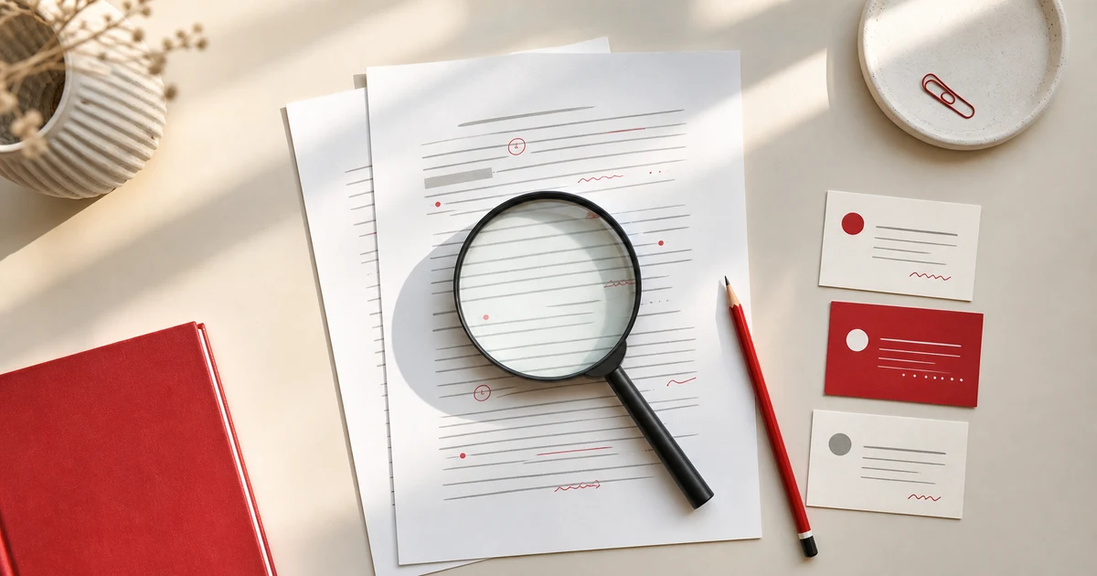 IELTS Writing Task 2 practice review with layered essay pages, a magnifying glass, red editing pencil, and revision cards on a cream desk
