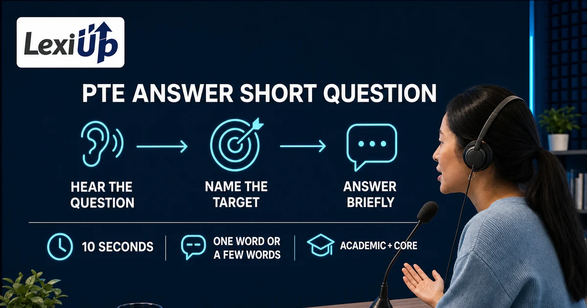 PTE Answer Short Question practice with a learner hearing the question, naming the target, and giving a brief spoken answer