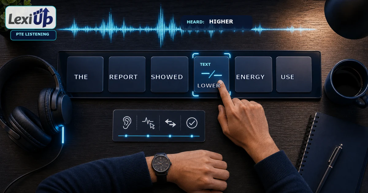 PTE Highlight Incorrect Words practice desk comparing a spoken word with a different transcript word beside headphones and an audio waveform