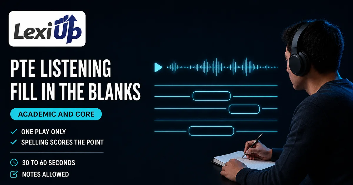 PTE Listening Fill in the Blanks practice showing a transcript with several gaps, a single-play waveform, and the missing words typed correctly