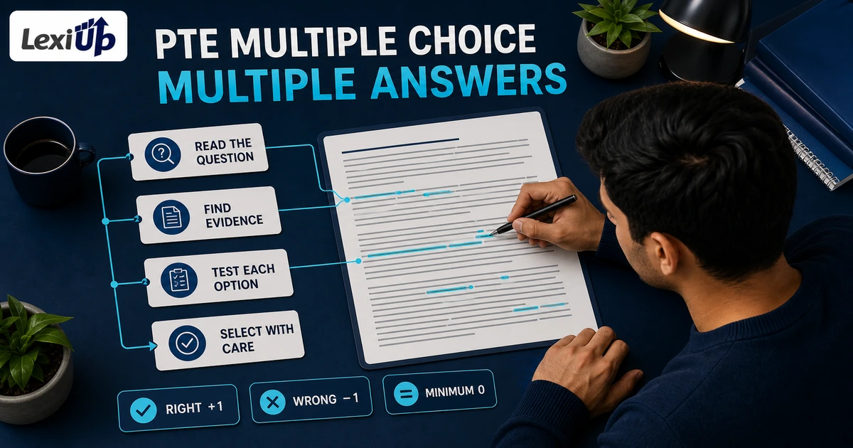 PTE Multiple Choice Multiple Answers practice showing a learner checking every option against evidence before selecting an answer