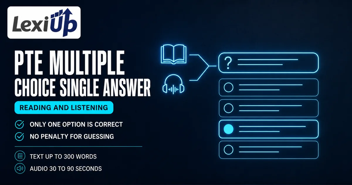 PTE Multiple Choice Single Answer practice showing one question, four options, and the single supported answer selected