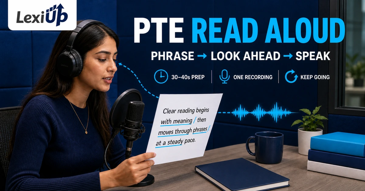 PTE Read Aloud practice with a learner marking phrase groups, looking ahead, and speaking clearly into a microphone