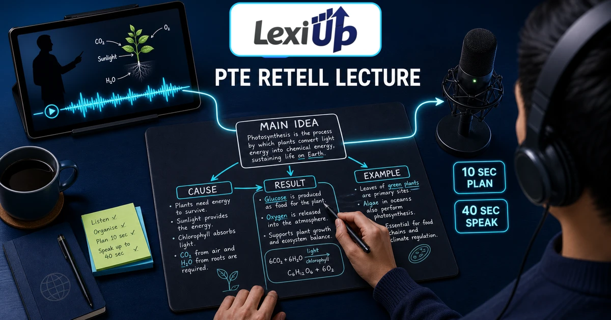 PTE Retell Lecture practice desk showing a lecture waveform, a main idea note map, a 10-second plan and a 40-second microphone response