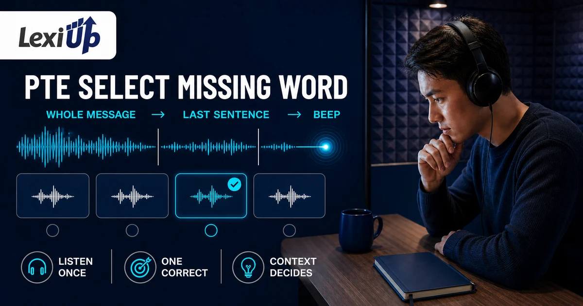 PTE Select Missing Word practice with a learner following the whole message, last sentence, beep, and one supported answer