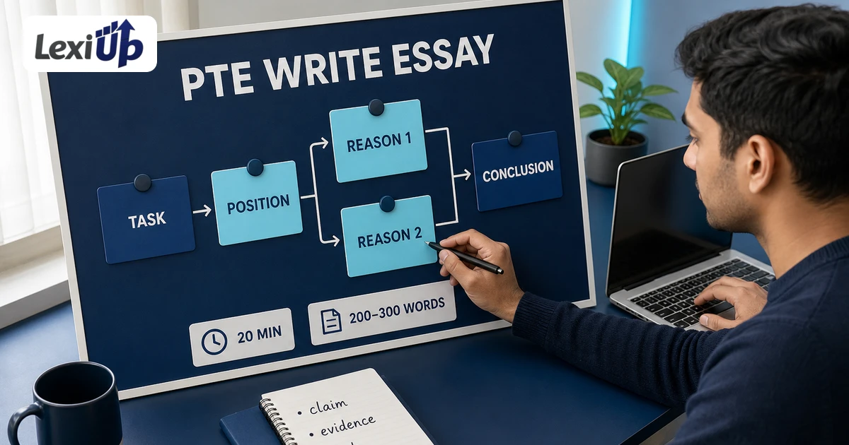 PTE Write Essay practice workspace showing a task, position, two reasons, conclusion, 20-minute timer and 200–300-word target