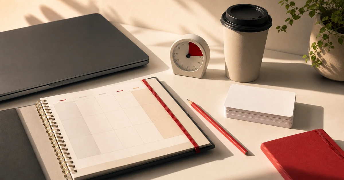 Study IELTS while working setup with a closed laptop, weekly planner, timer, coffee, red pencil, and study cards in morning light