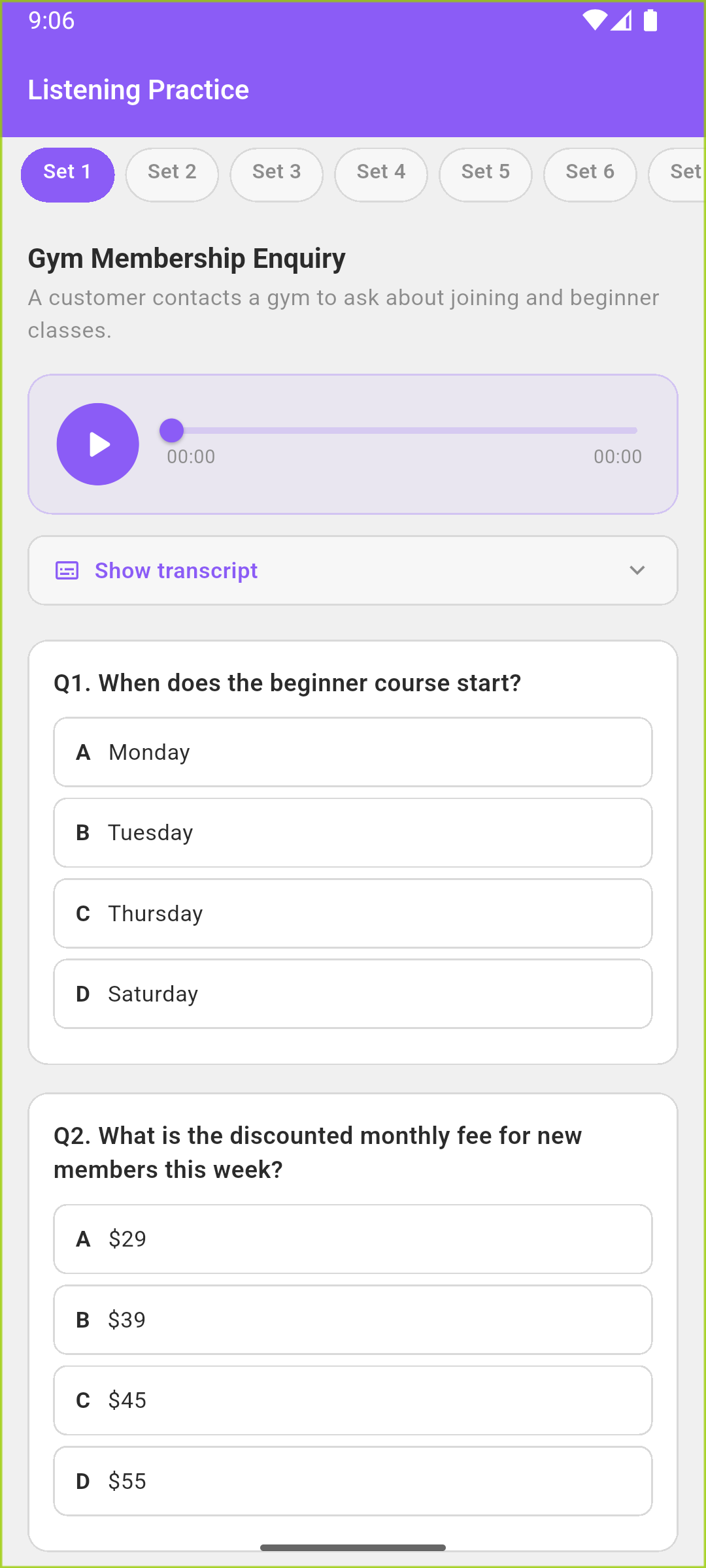 LexiUp listening practice screen with bundled audio controls.