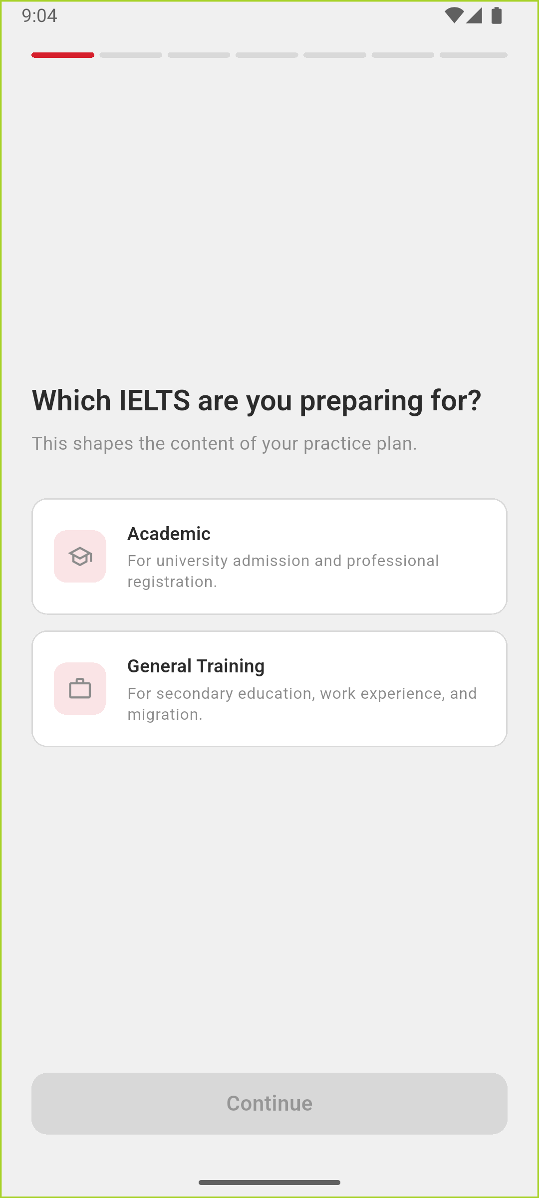 LexiUp onboarding screen for IELTS study plan setup.