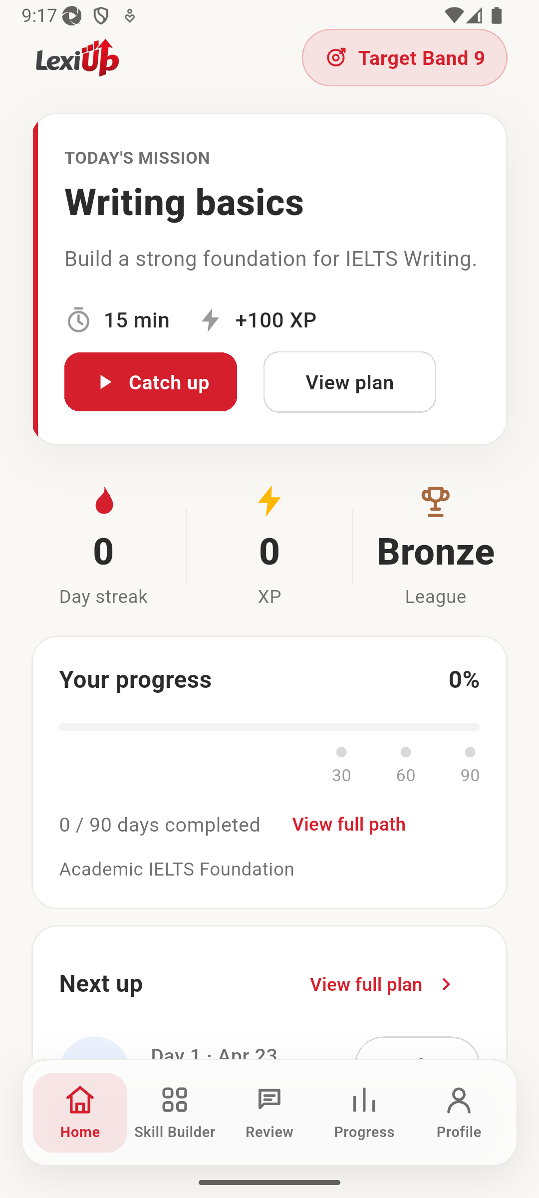 LexiUp home screen with today's mission, streak, XP, and next up cards.