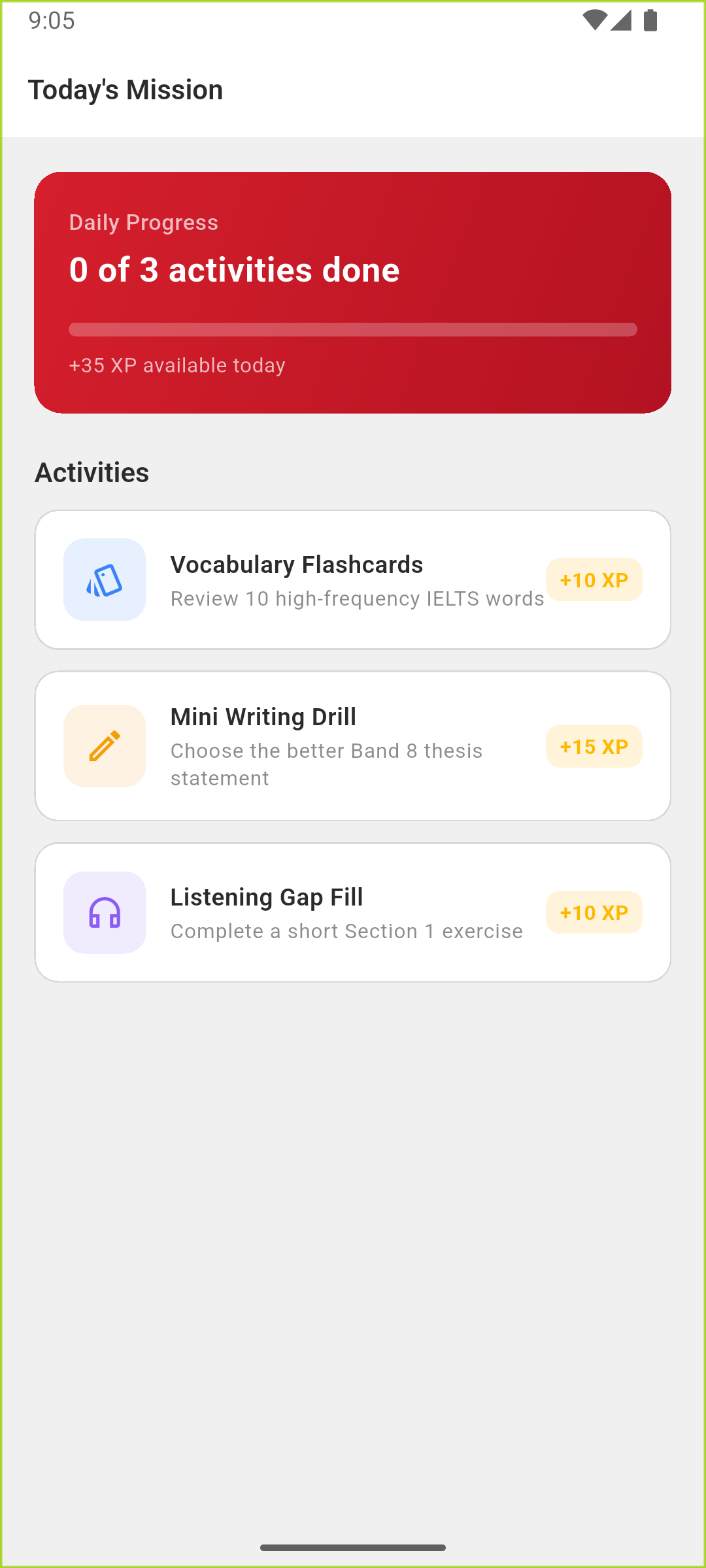 Earlier LexiUp daily mission screen used in the last public release.