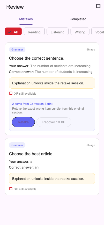 Current LexiUp Review screen showing retake bundles, explanation unlocks, and recoverable XP.