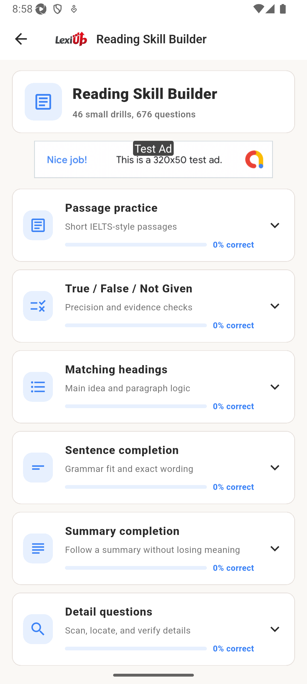 LexiUp Skill Builder screen with live practice categories and drill counts.