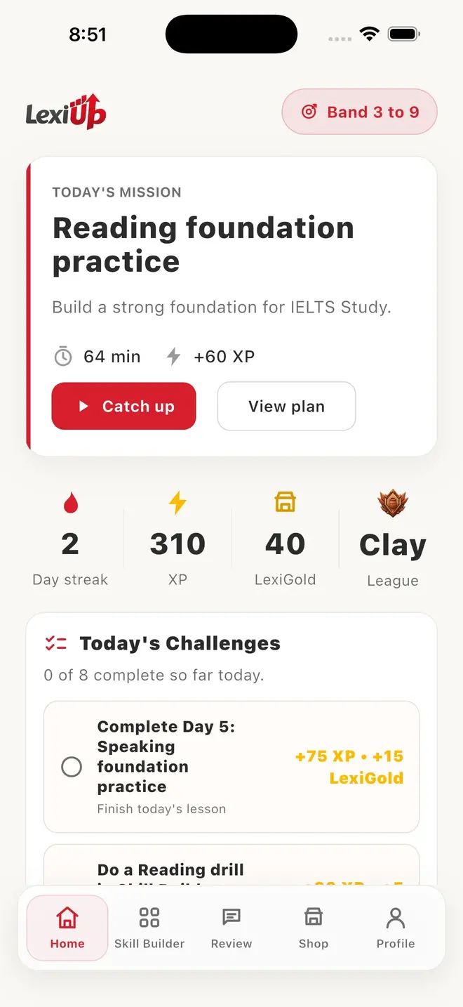 LexiUp IELTS home screen with today's recommended mission and study navigation