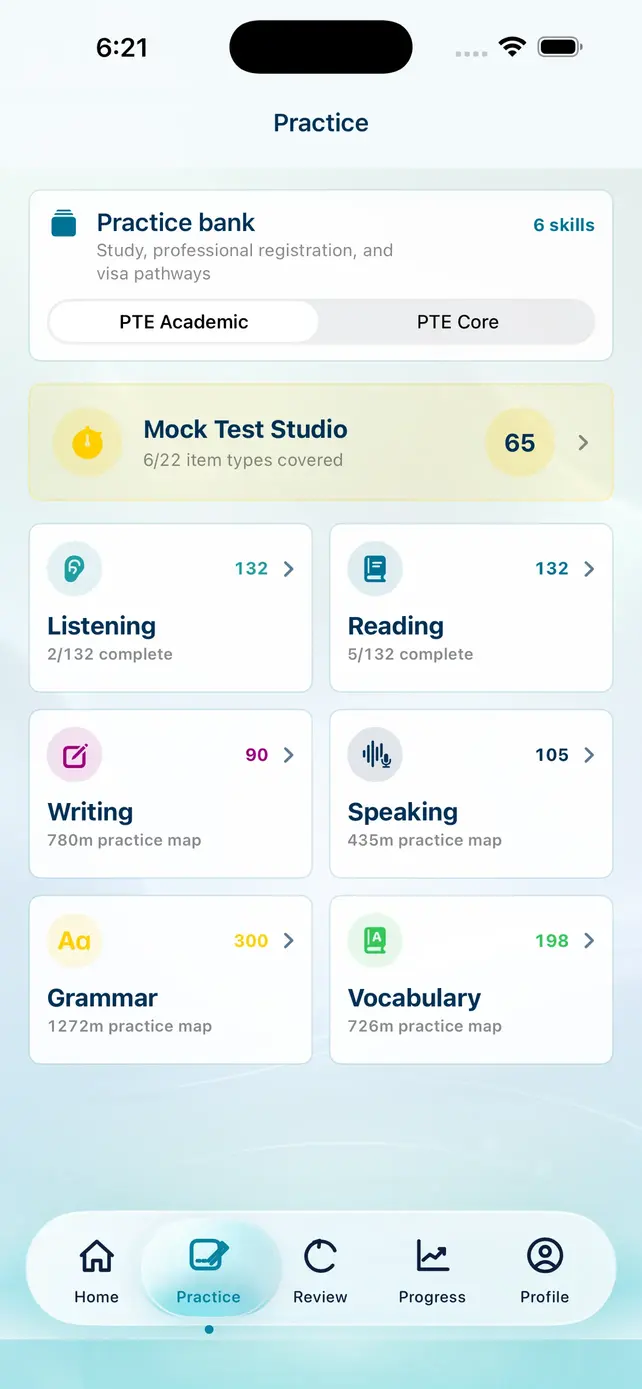 LexiUp PTE practice bank with Academic and Core tracks and six skill areas