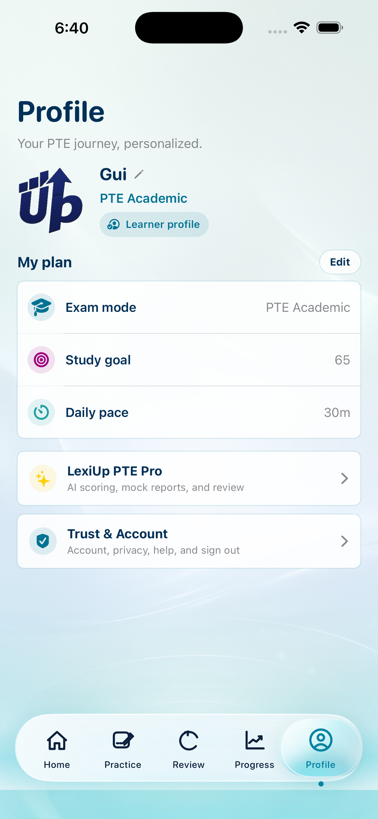 LexiUp PTE profile screen with Pro subscription access