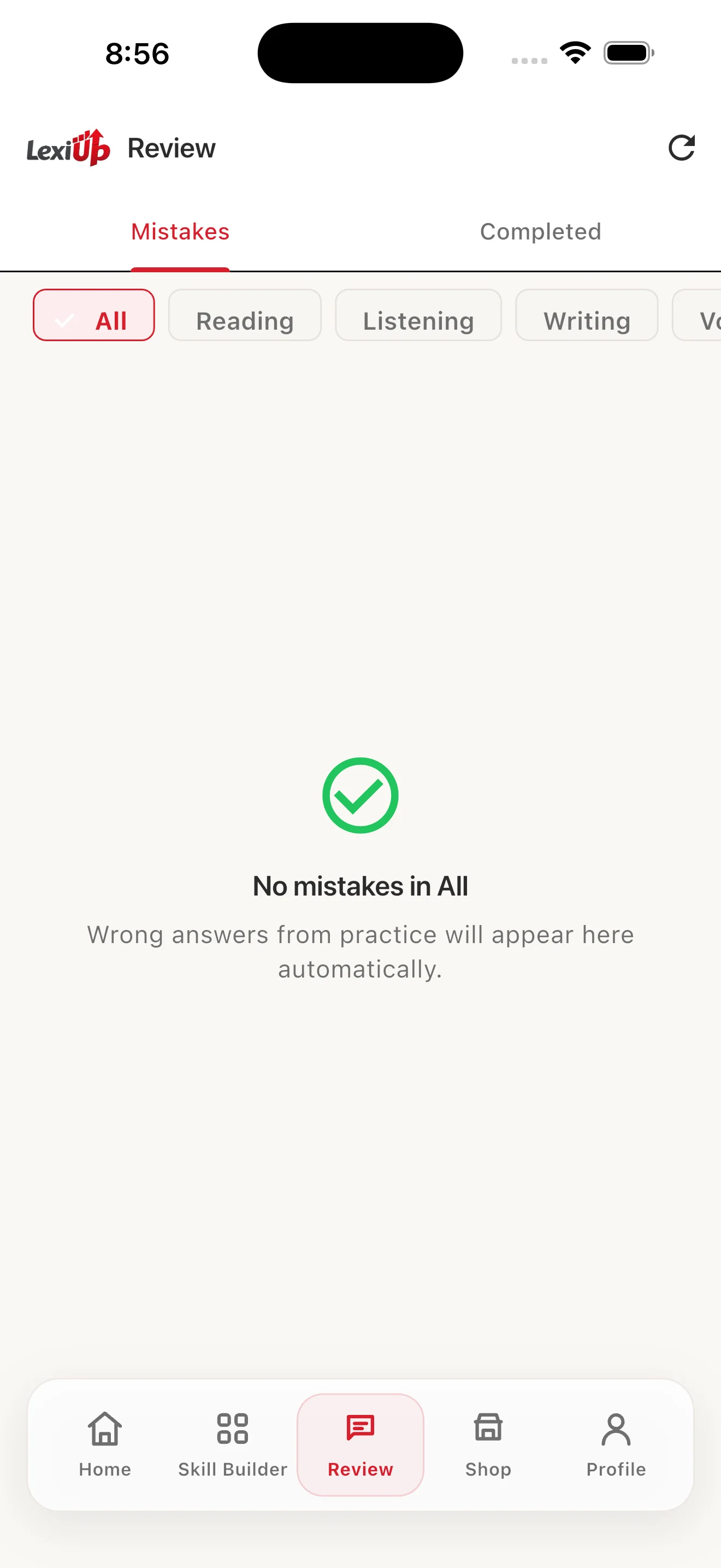 LexiUp Review screen with mistake filters and review queue state