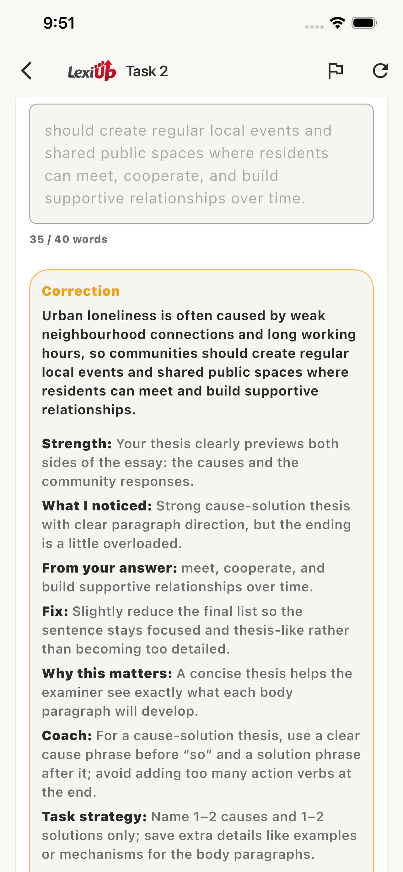 Feedback di pratica IELTS Writing in LexiUp